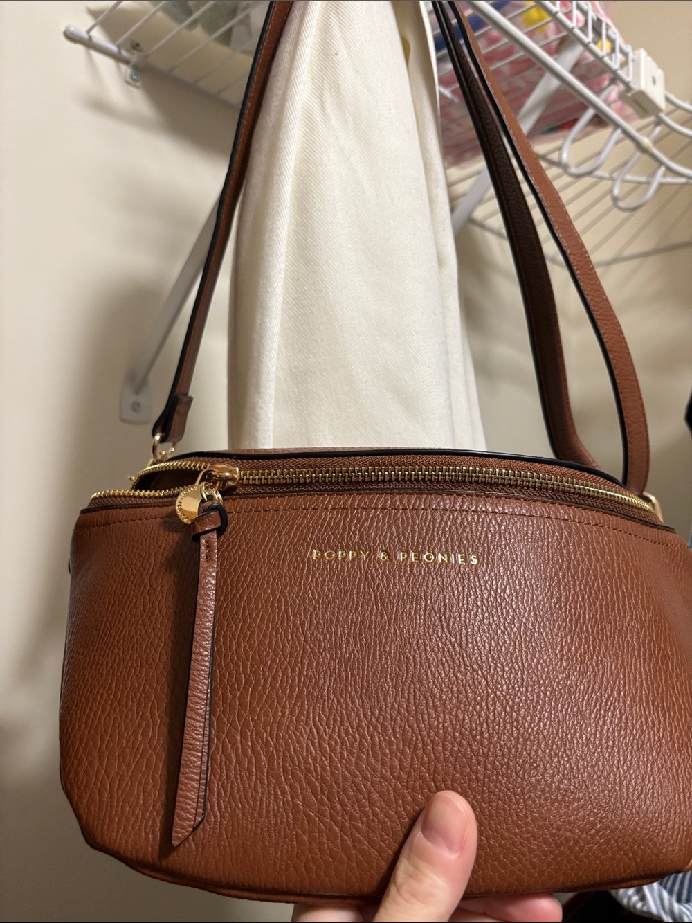 Poppy & Peonies Brown Pebbled Leather Crossbody with Gold Hardware